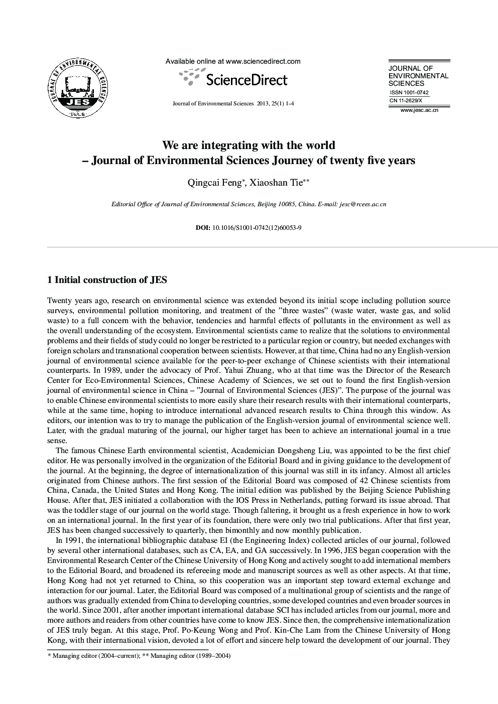 We are integrating with the world - Journal of Environmental Sciences Journey of twenty five years