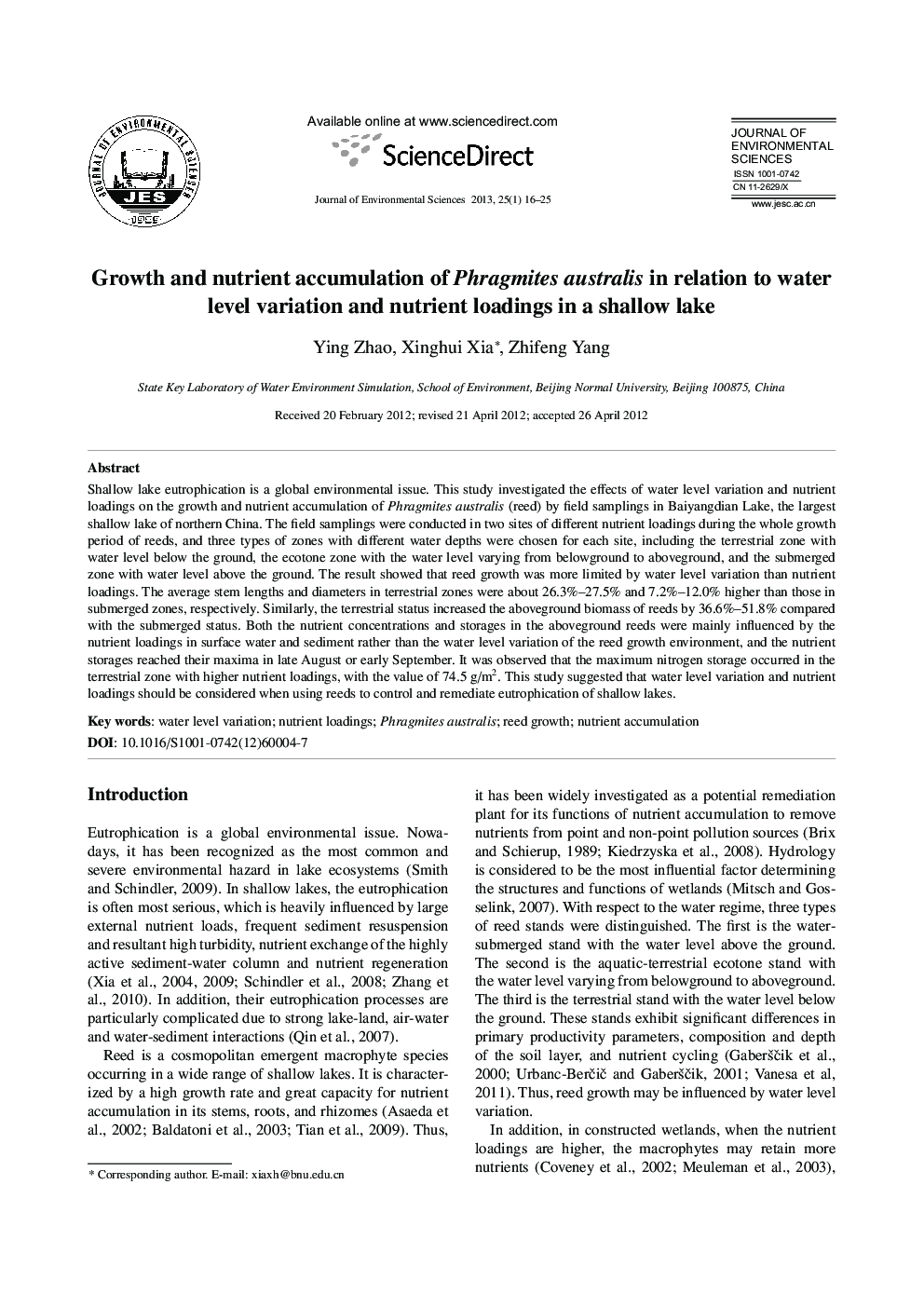 Growth and nutrient accumulation of Phragmites australis in relation to water level variation and nutrient loadings in a shallow lake