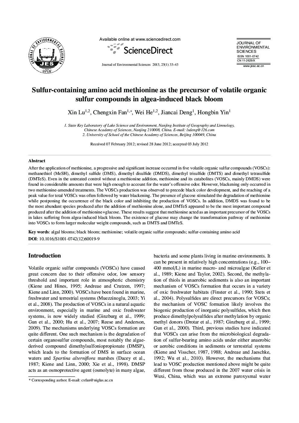 Sulfur-containing amino acid methionine as the precursor of volatile organic sulfur compounds in algea-induced black bloom