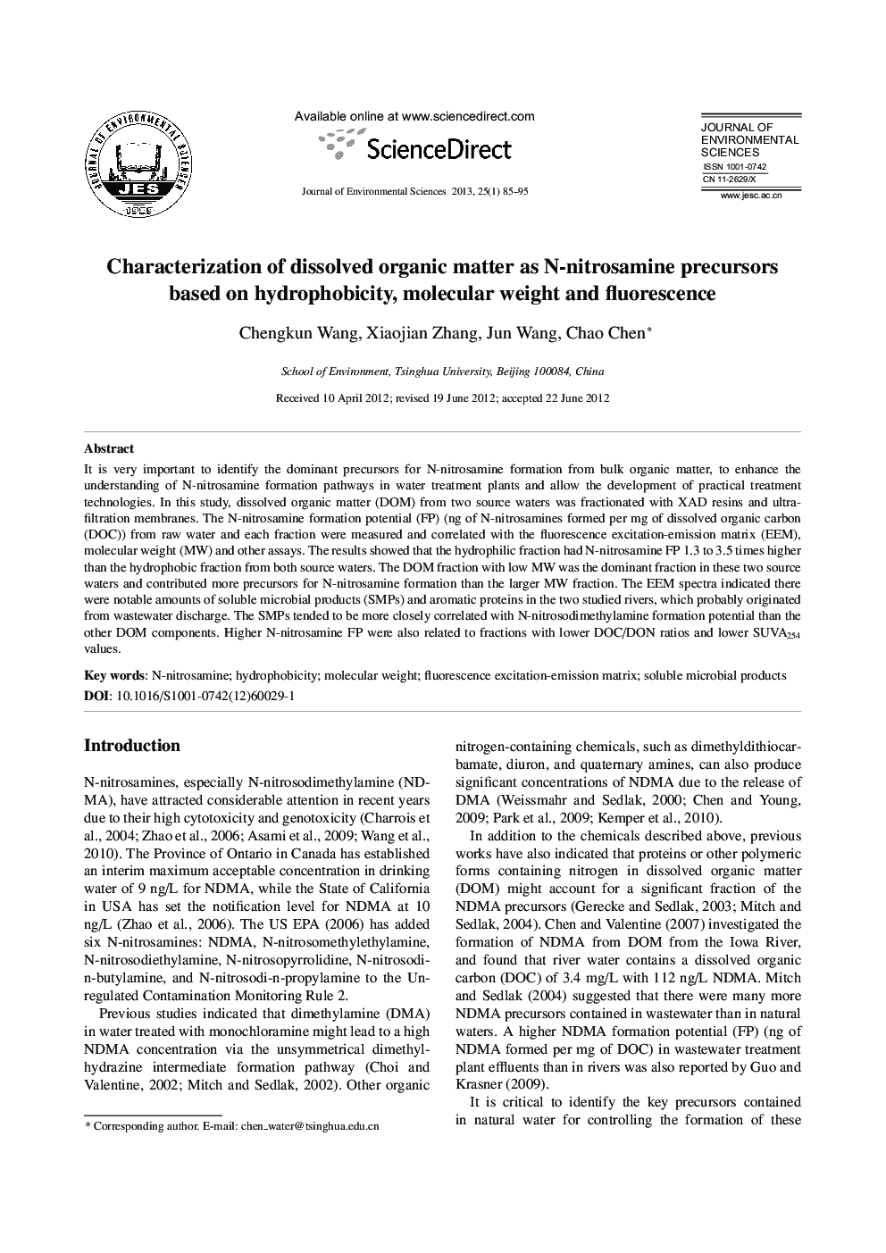 Characterization of dissolved organic matter as N-nitrosamine precursors based on hydrophobicity, molecular weight and fluorescence
