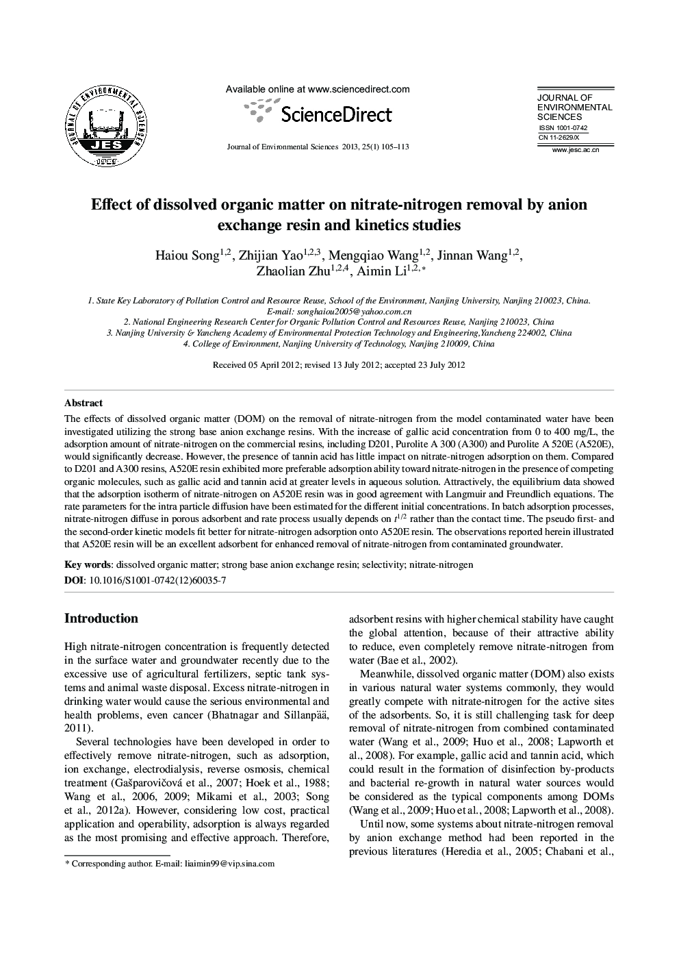Effect of dissolved organic matter on nitrate-nitrogen removal by anion exchange resin and kinetics studies