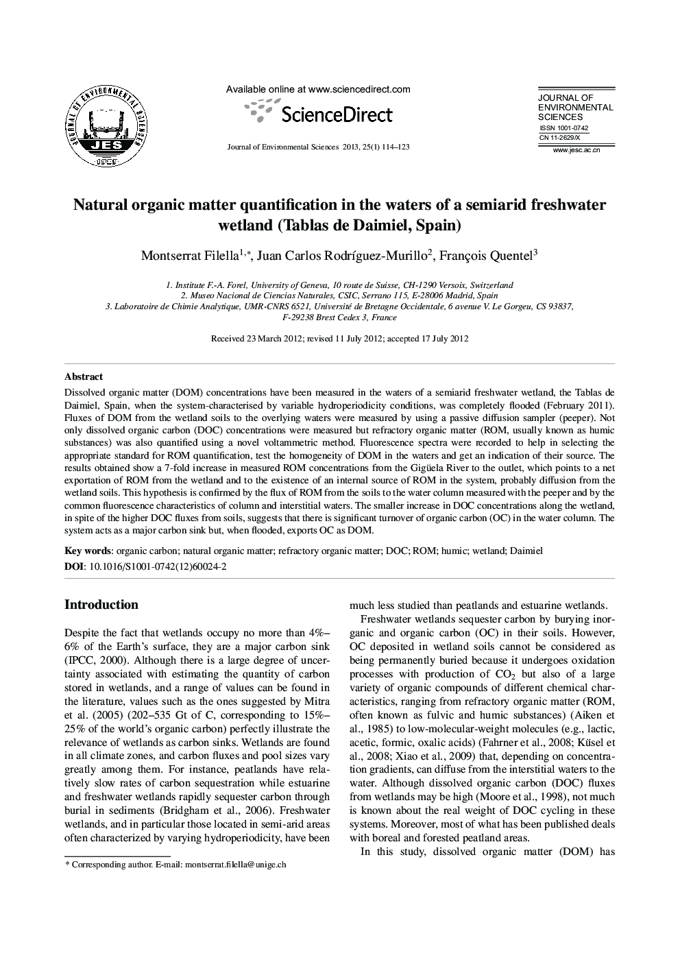 Natural organic matter quantification in the waters of a semiarid freshwater wetland (Tablas de Daimiel, Spain)
