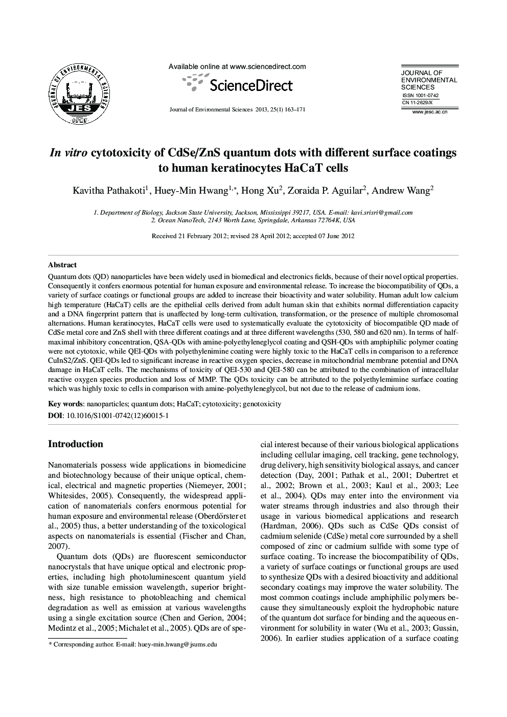 In vitro cytotoxicity of CdSe/ZnS quantum dots with different surface coatings to human keratinocytes HaCaT cells