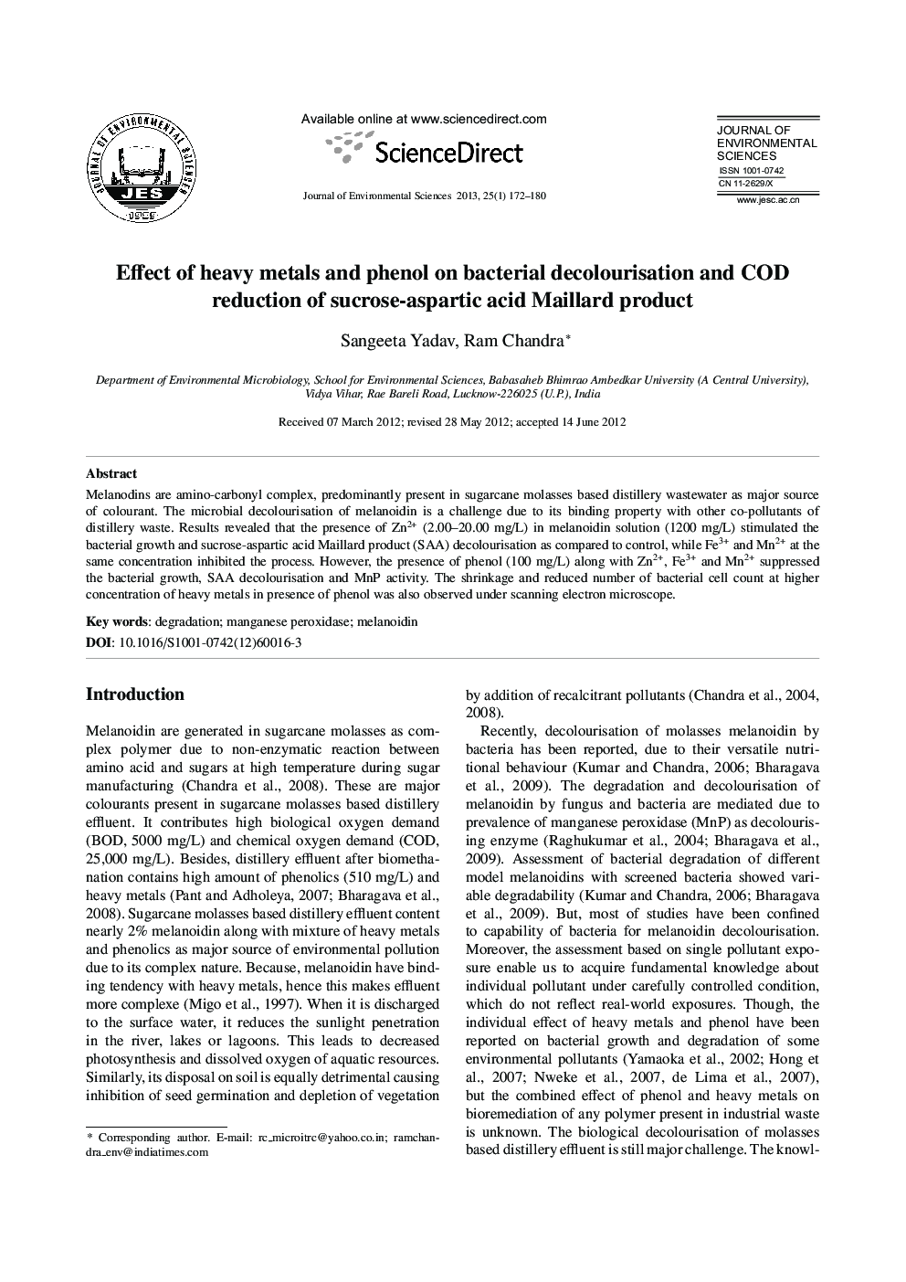 Effect of heavy metals and phenol on bacterial decolourisation and COD reduction of sucrose-aspartic acid Maillard product