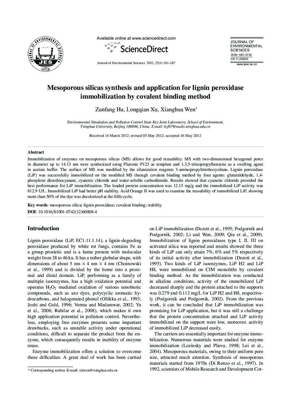 Mesoporous silicas synthesis and application for lignin peroxidase immobilization by covalent binding method