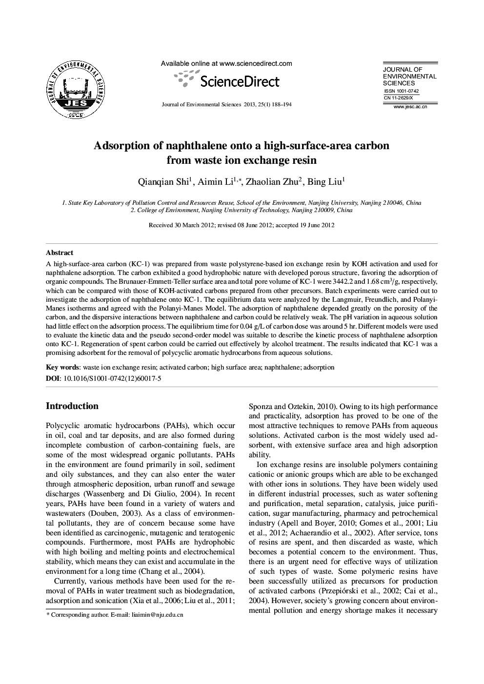 Adsorption of naphthalene onto a high-surface-area carbon from waste ion exchange resin