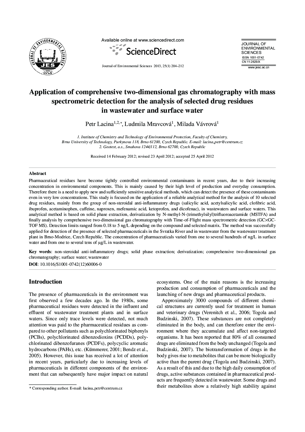 Application of comprehensive two-dimensional gas chromatography with mass spectrometric detection for the analysis of selected drug residues in wastewater and surface water