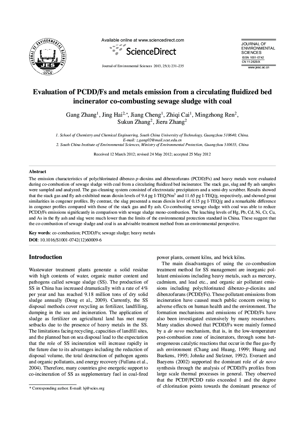 Evaluation of PCDD/Fs and metals emission from a circulating fluidized bed incinerator co-combusting sewage sludge with coal
