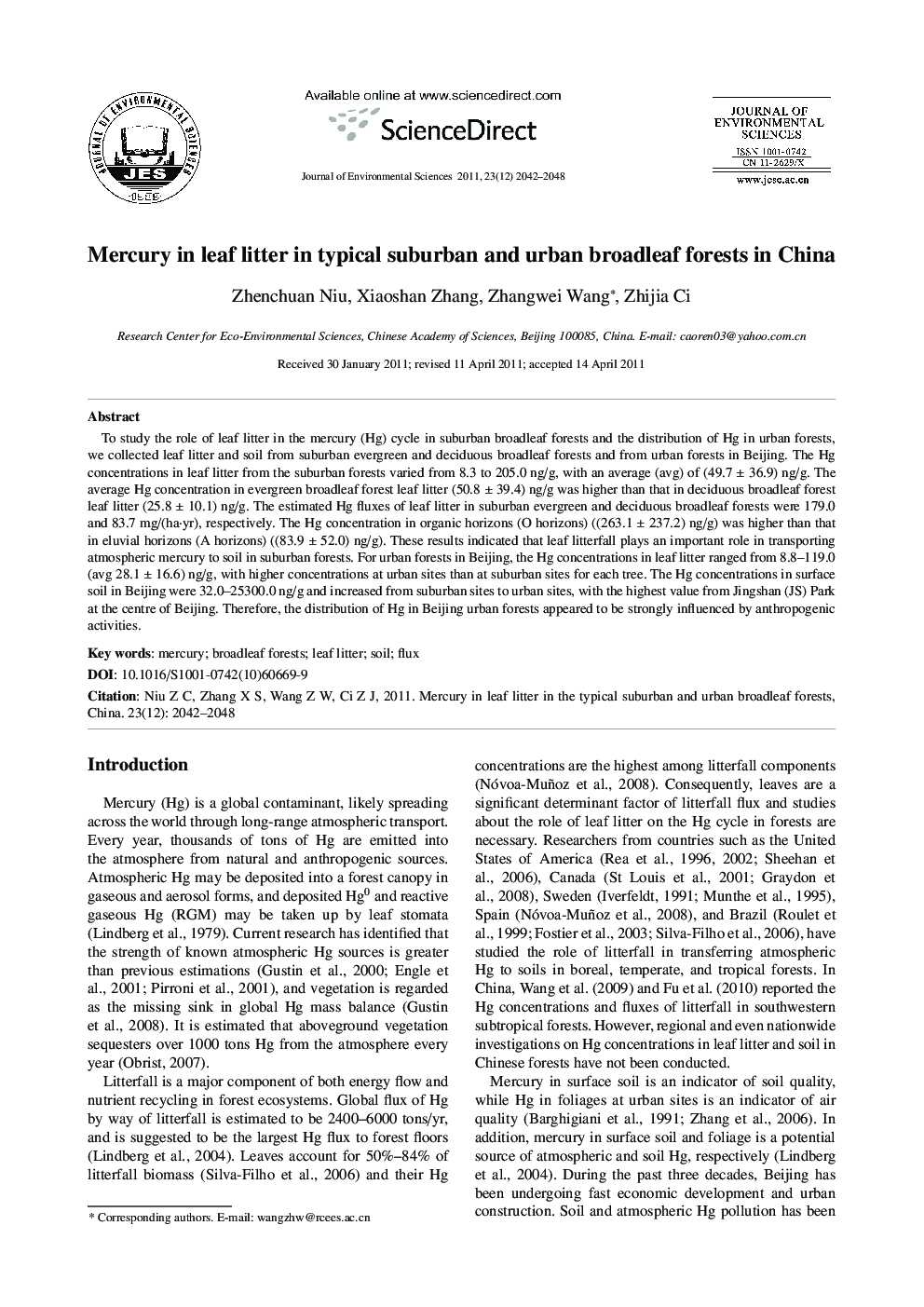 Mercury in leaf litter in typical suburban and urban broadleaf forests in China