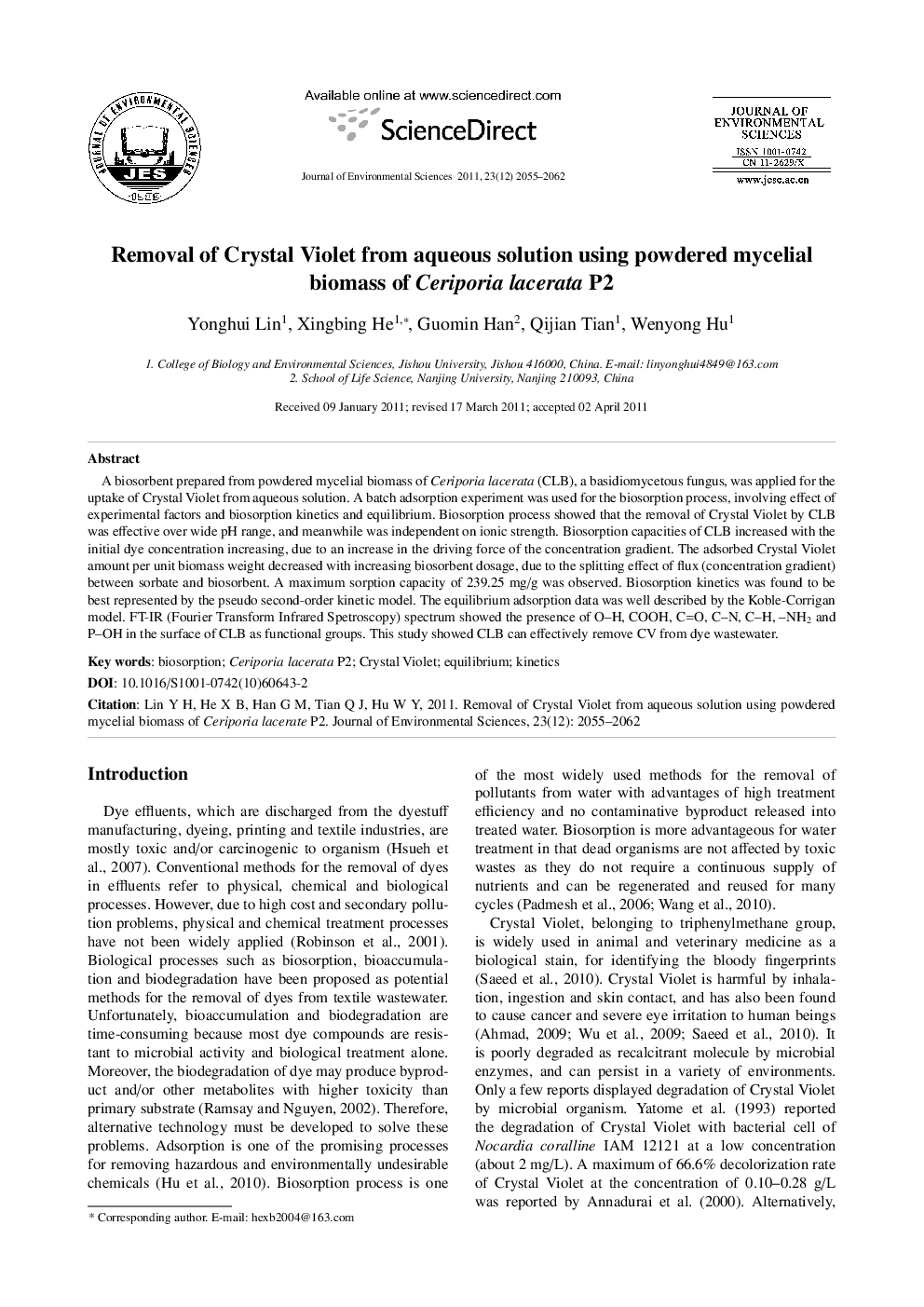 Removal of Crystal Violet from aqueous solution using powdered mycelial biomass of Ceriporia lacerata P2