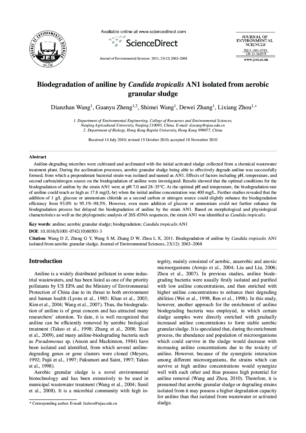 Biodegradation of aniline by Candida tropicalis AN1 isolated from aerobic granular sludge