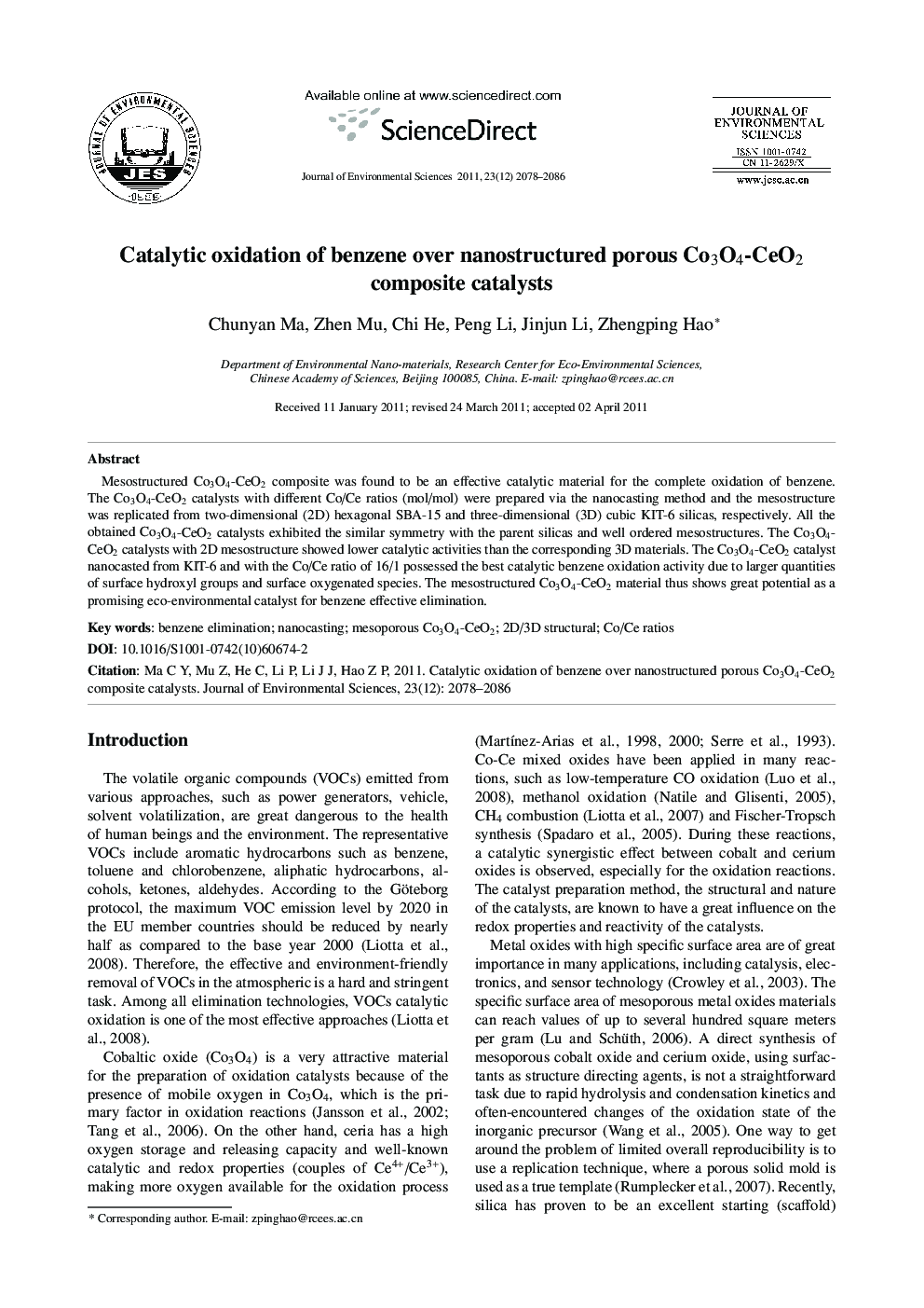 Catalytic oxidation of benzene over nanostructured porous Co3O4-CeO2 composite catalysts