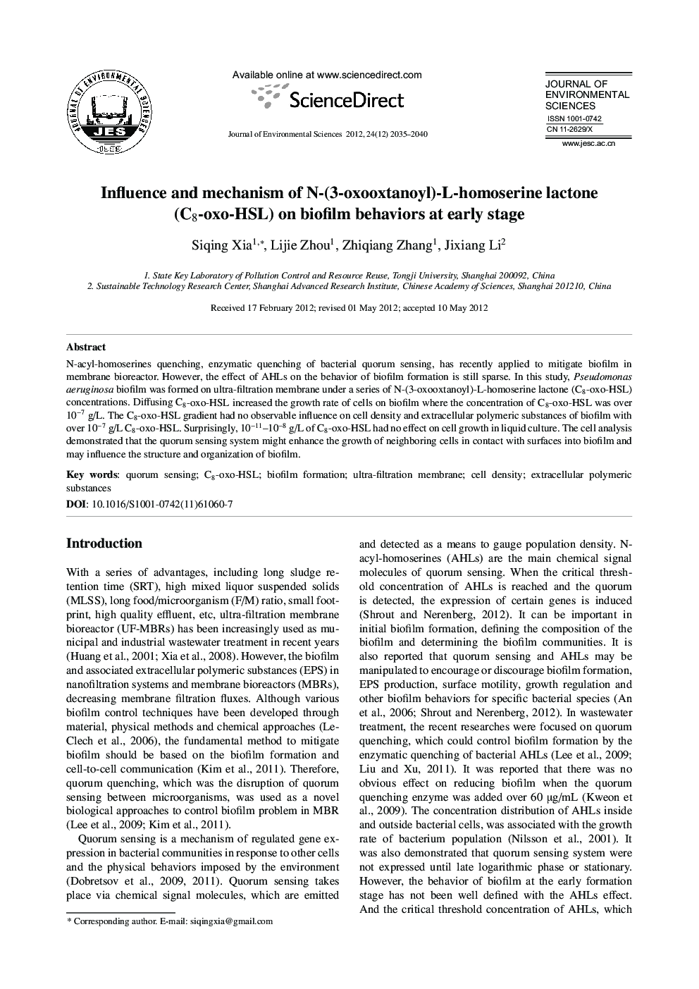 عکس صفحه اول مقاله: Influence and mechanism of N-(3-oxooxtanoyl)-L-homoserine lactone (C8-oxo-HSL) on biofilm behaviors at early stage Influence and mechanism of N-(3-oxooxtanoyl)-L-homoserine lactone (C8-oxo-HSL) on biofilm behaviors at early stage