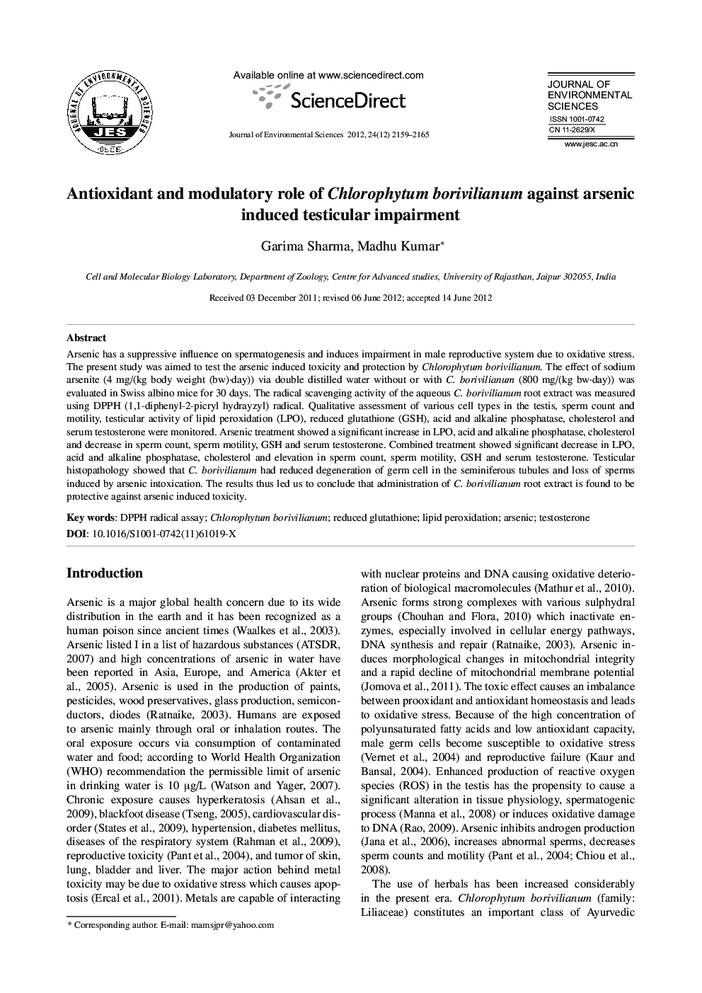 عکس صفحه اول مقاله: Antioxidant and modulatory role of Chlorophytum borivilianum against arsenic induced testicular impairment Antioxidant and modulatory role of Chlorophytum borivilianum against arsenic induced testicular impairment