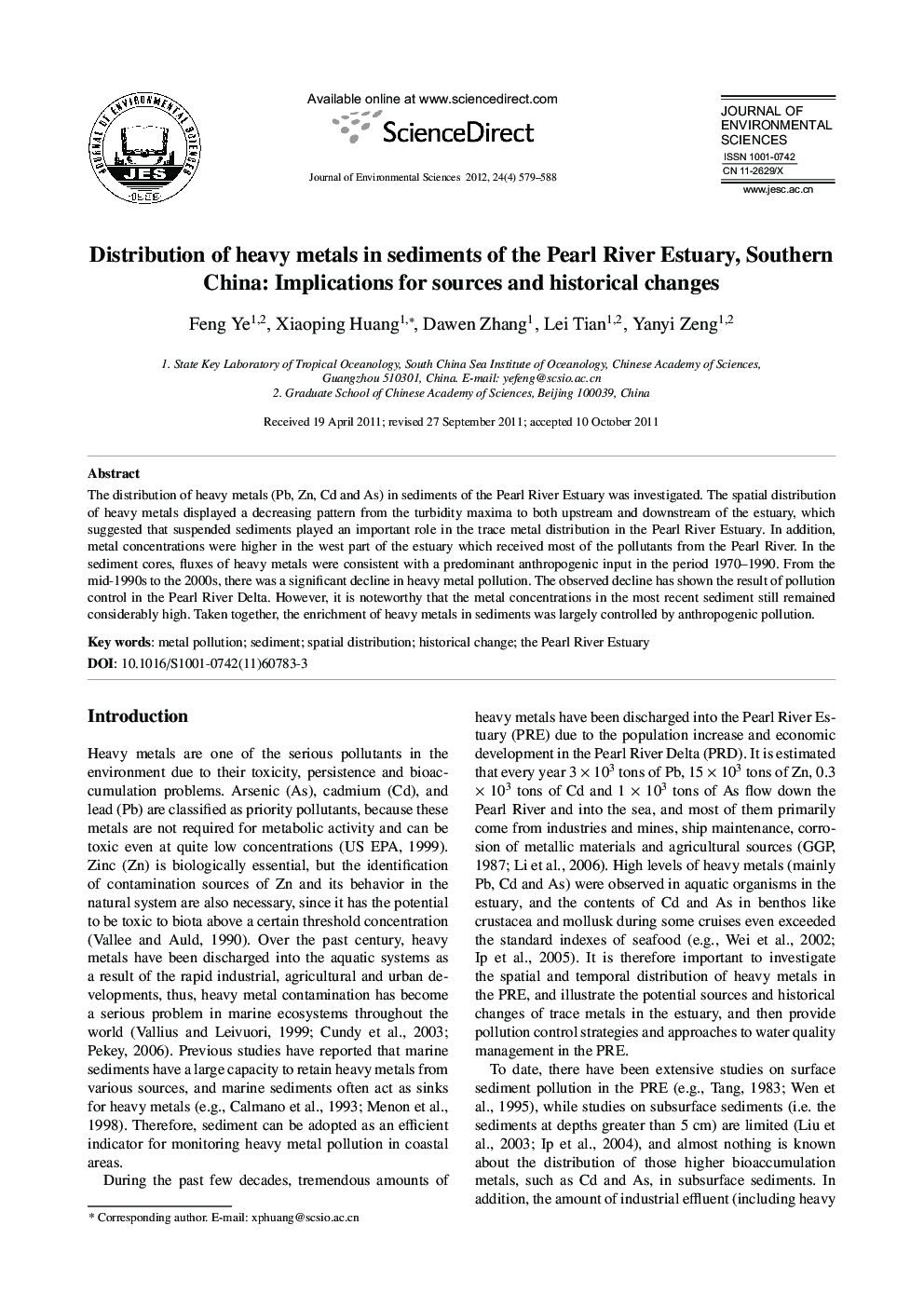 Distribution of heavy metals in sediments of the Pearl River Estuary, Southern China: Implications for sources and historical changes