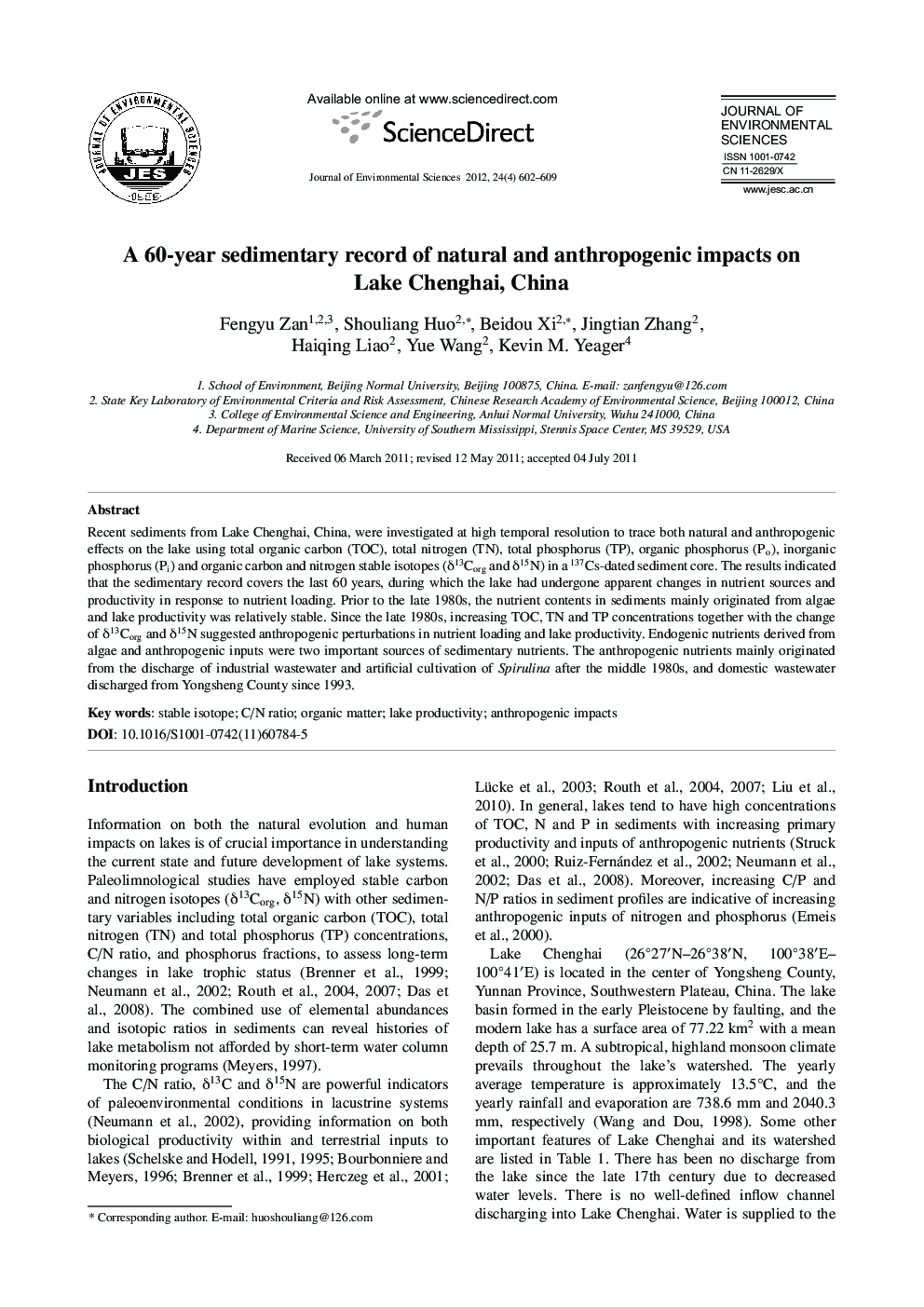 A 60-year sedimentary record of natural and anthropogenic impacts on Lake Chenghai, China