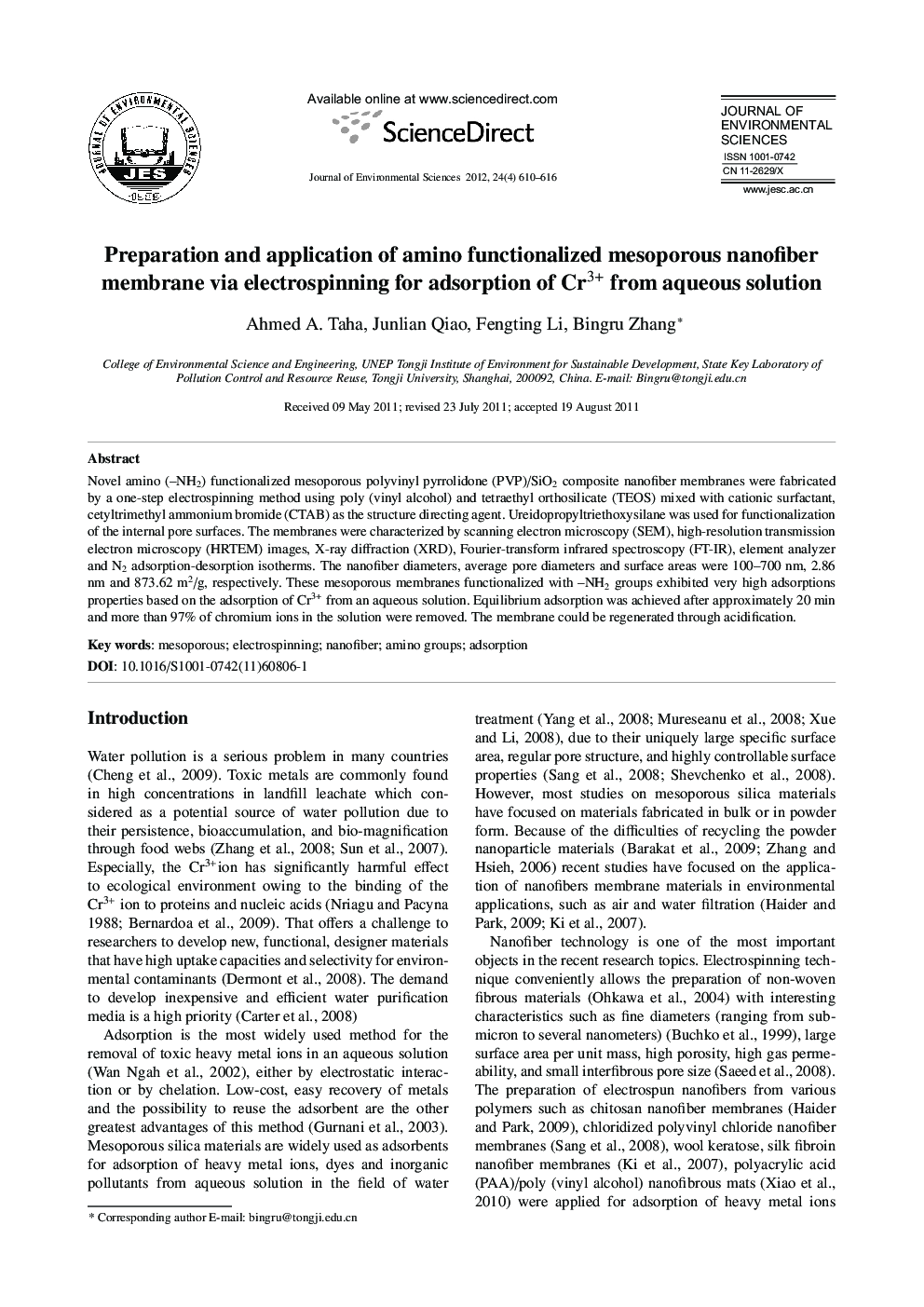 Preparation and application of amino functionalized mesoporous nanofiber membrane via electrospinning for adsorption of Cr3+ from aqueous solution