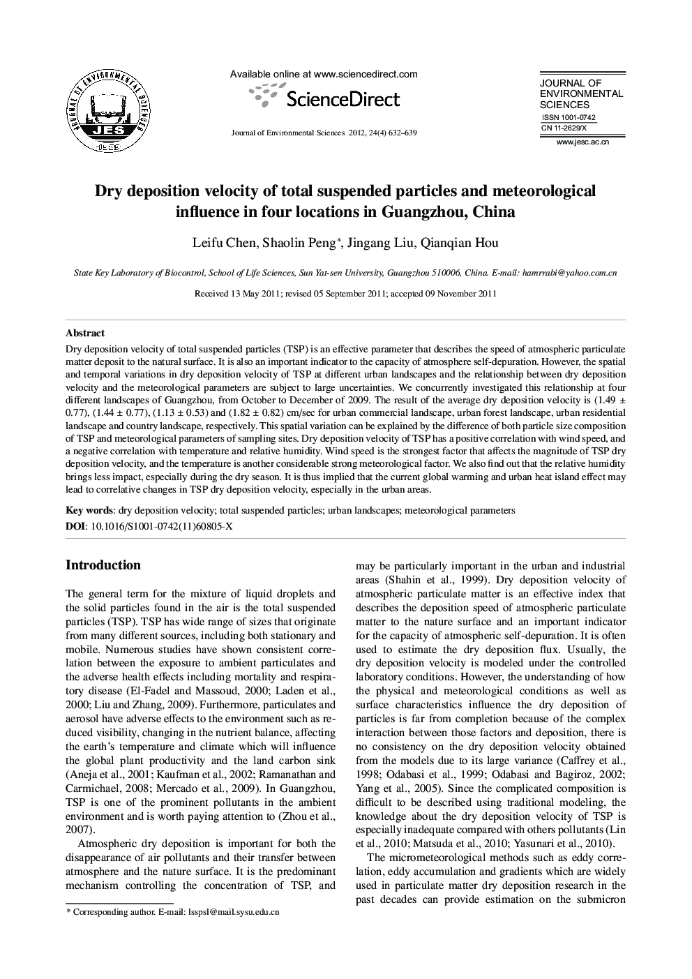 Dry deposition velocity of total suspended particles and meteorological influence in four locations in Guangzhou, China