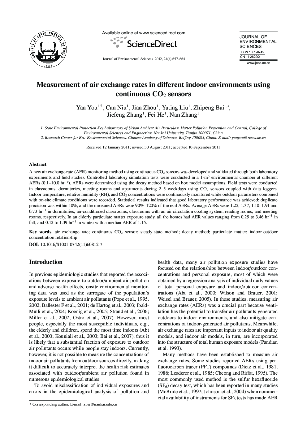 Measurement of air exchange rates in different indoor environments using continuous CO2 sensors