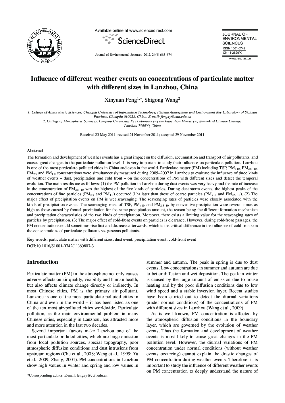 Influence of different weather events on concentrations of particulate matter with different sizes in Lanzhou, China