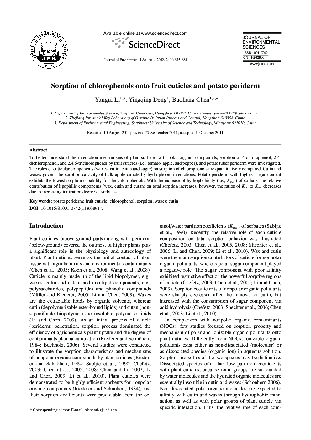 Sorption of chlorophenols onto fruit cuticles and potato periderm