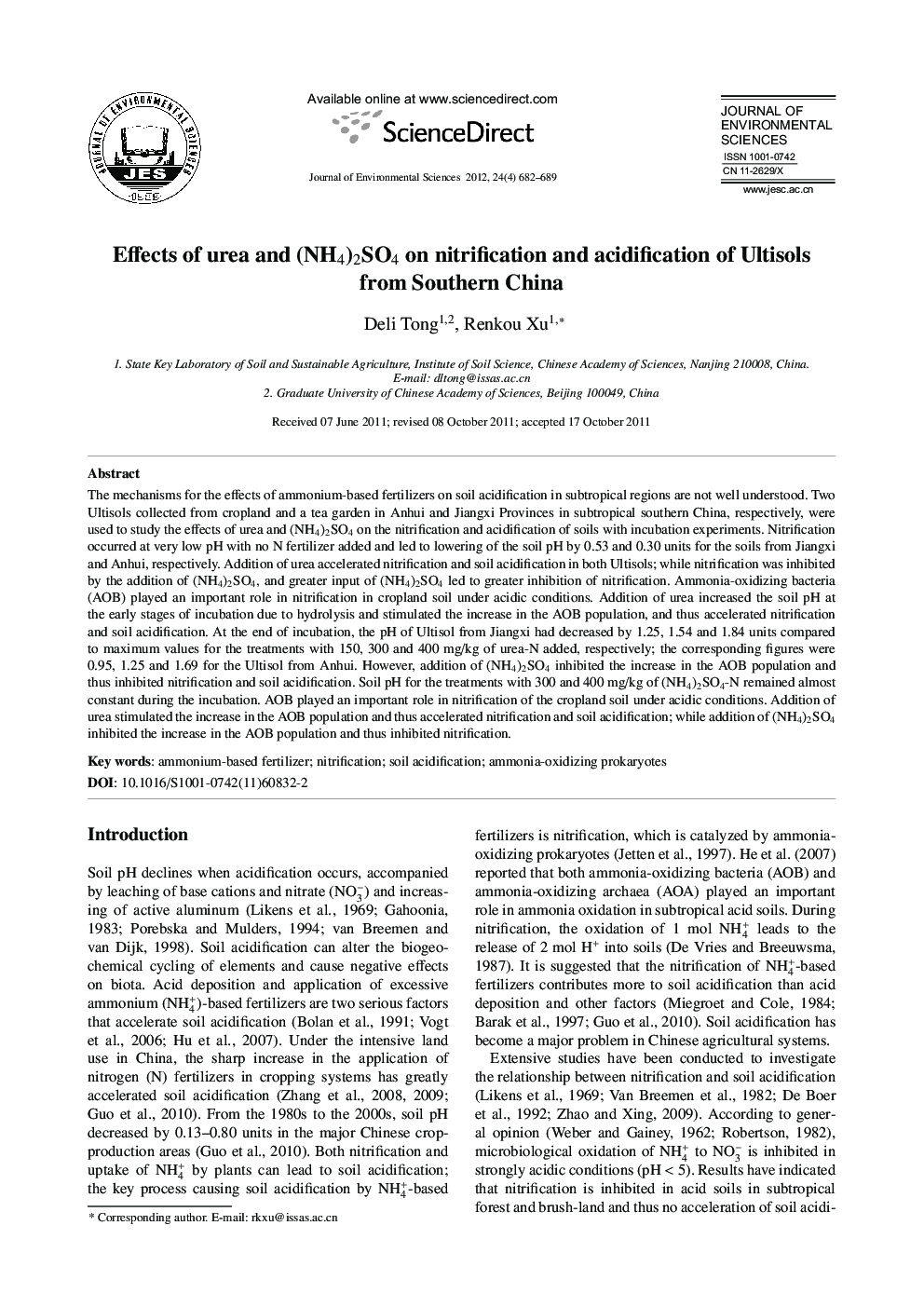 Effects of urea and (NH4)2SO4 on nitrification and acidification of Ultisols from Southern China