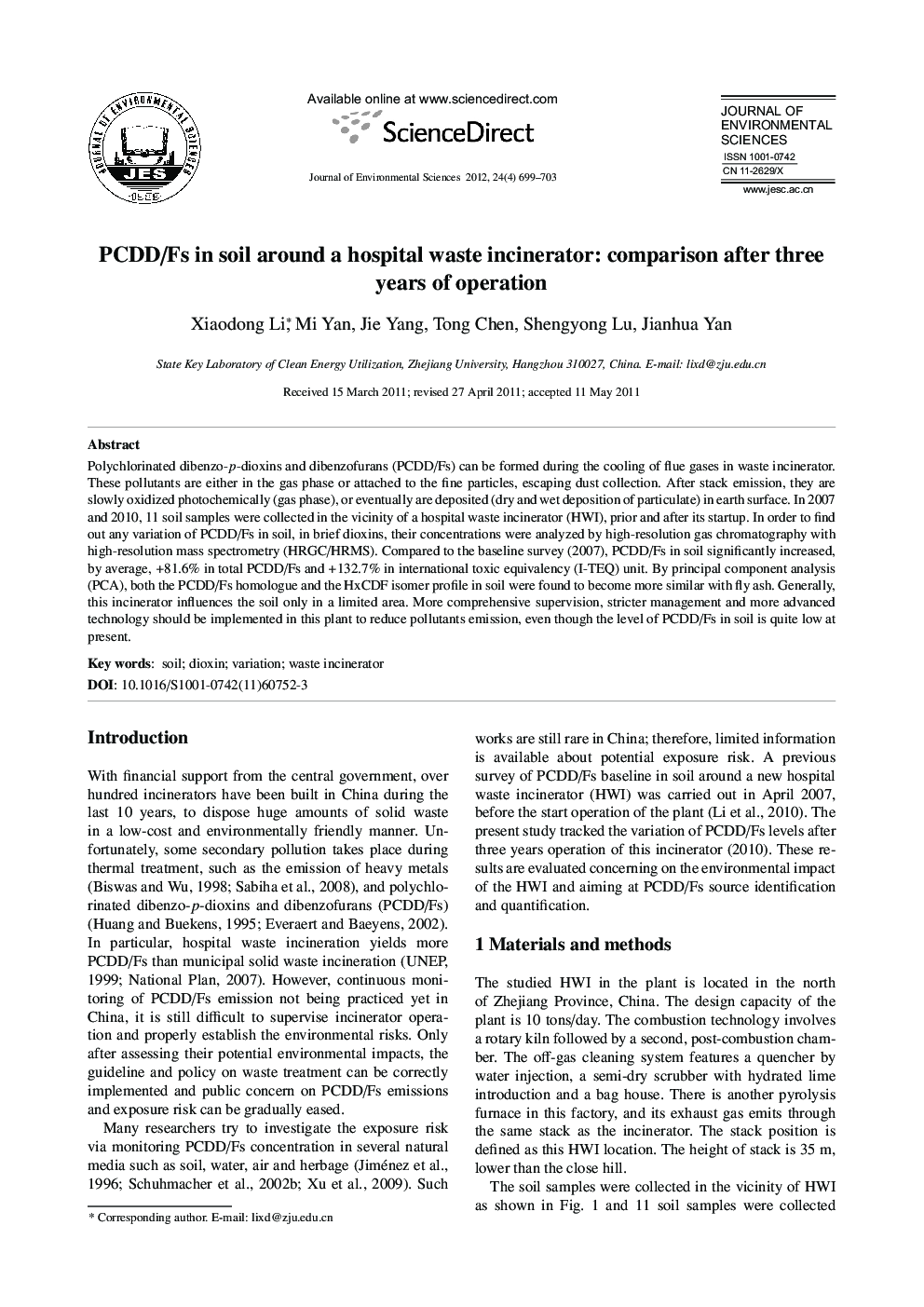 PCDD/Fs in soil around a hospital waste incinerator: comparison after three years of operation