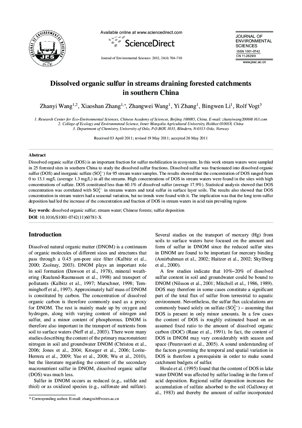 Dissolved organic sulfur in streams draining forested catchments in southern China