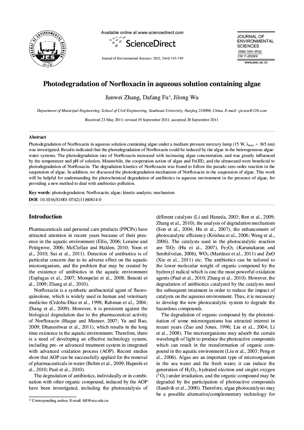 Photodegradation of Norfloxacin in aqueous solution containing algae