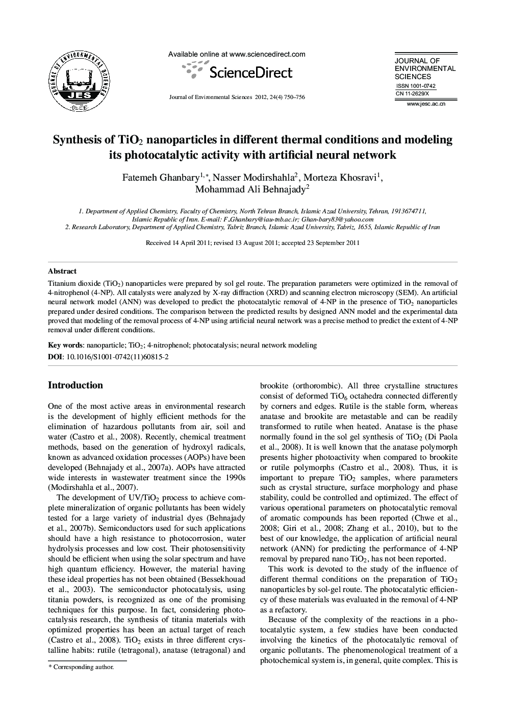 Synthesis of TiO2 nanoparticles in different thermal conditions and modeling its photocatalytic activity with artificial neural network