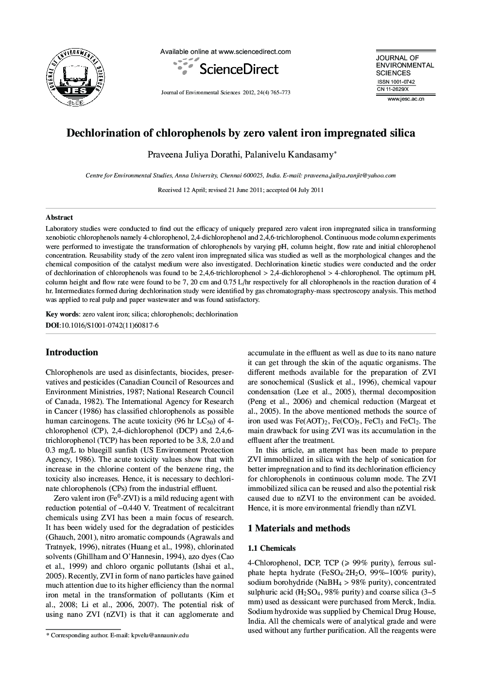 Dechlorination of chlorophenols by zero valent iron impregnated silica