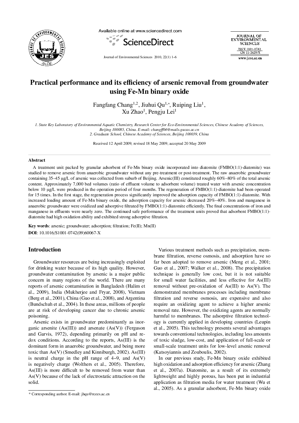 Practical performance and its efficiency of arsenic removal from groundwater using Fe-Mn binary oxide