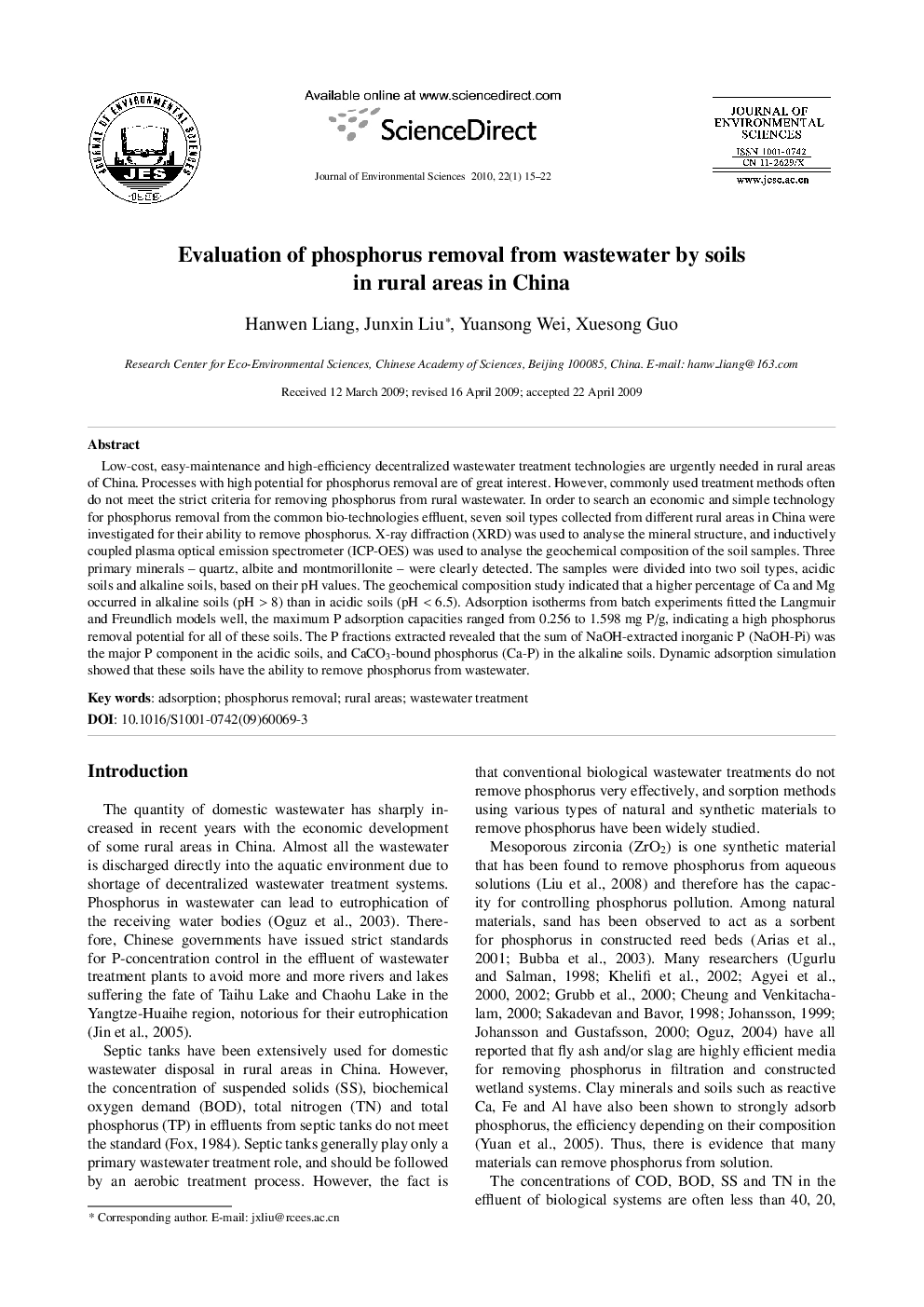 Evaluation of phosphorus removal from wastewater by soils in rural areas in China