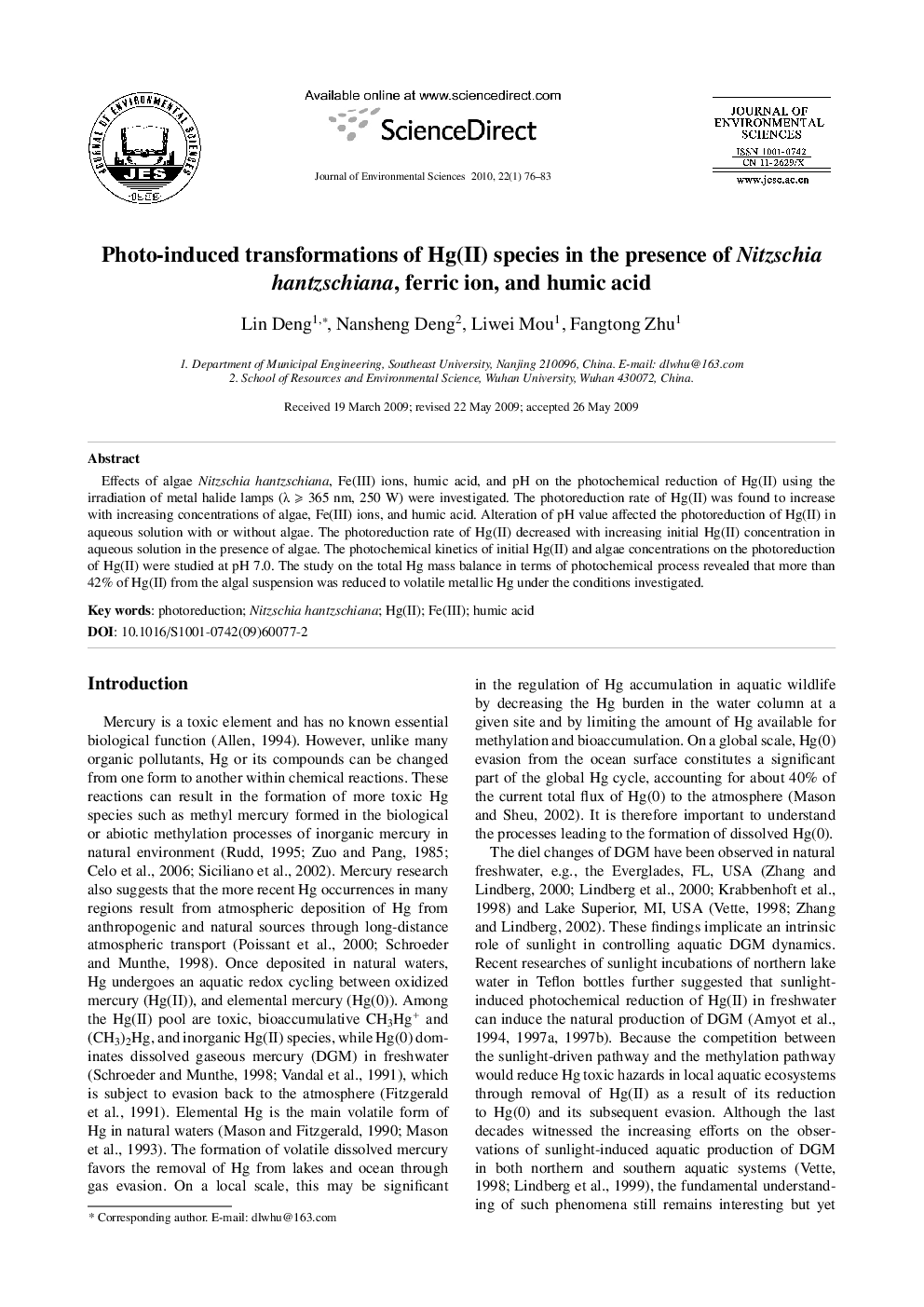 Photo-induced transformations of Hg(II) species in the presence of Nitzschia hantzschiana, ferric ion, and humic acid