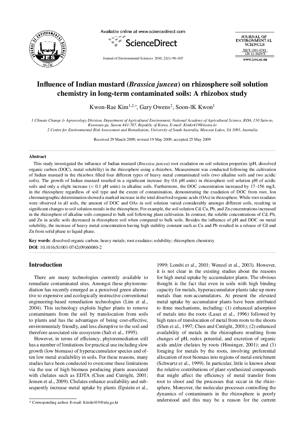 Influence of Indian mustard (Brassica juncea) on rhizosphere soil solution chemistry in long-term contaminated soils: A rhizobox study