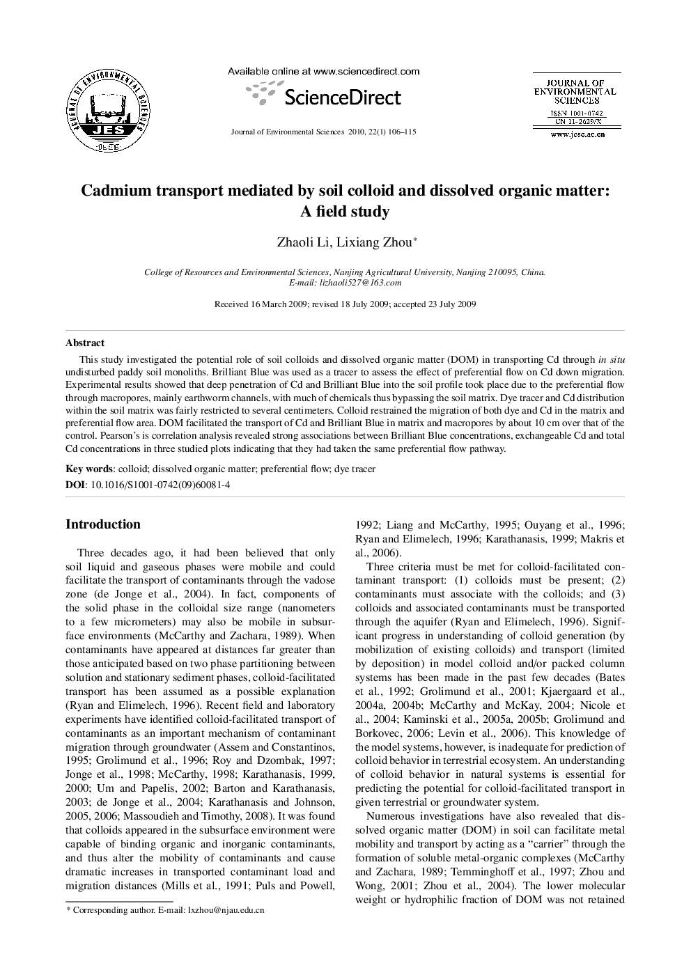 عکس صفحه اول مقاله: Cadmium transport mediated by soil colloid and dissolved organic matter: A field study Cadmium transport mediated by soil colloid and dissolved organic matter: A field study