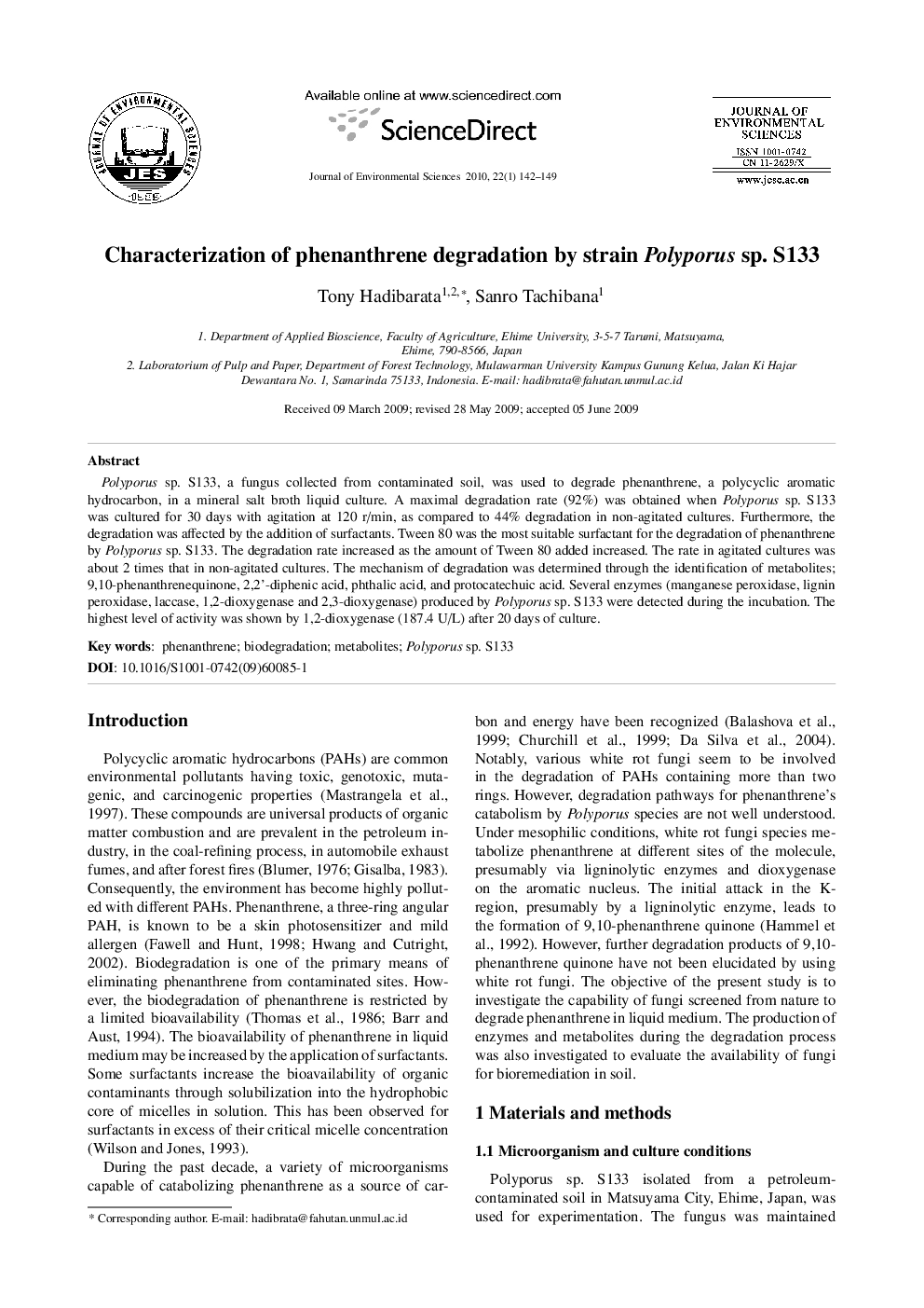 Characterization of phenanthrene degradation by strain Polyporus sp. S133