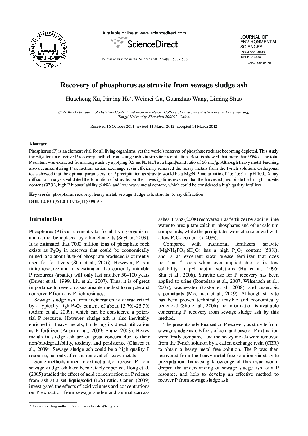 Recovery of phosphorus as struvite from sewage sludge ash