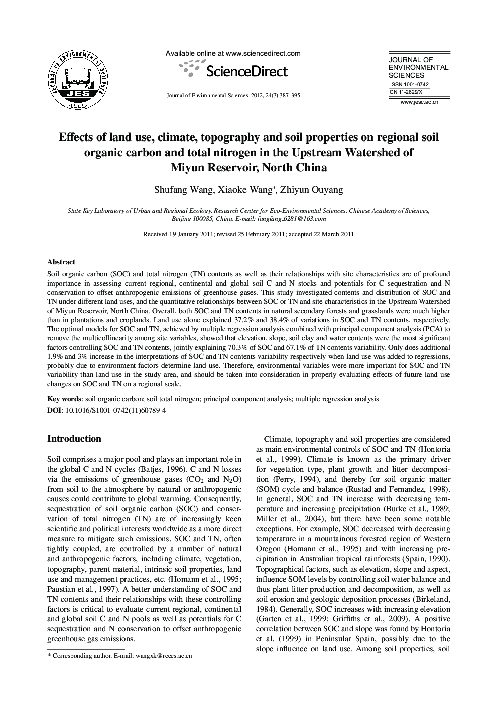 Effects of land use, climate, topography and soil properties on regional soil organic carbon and total nitrogen in the Upstream Watershed of Miyun Reservoir, North China