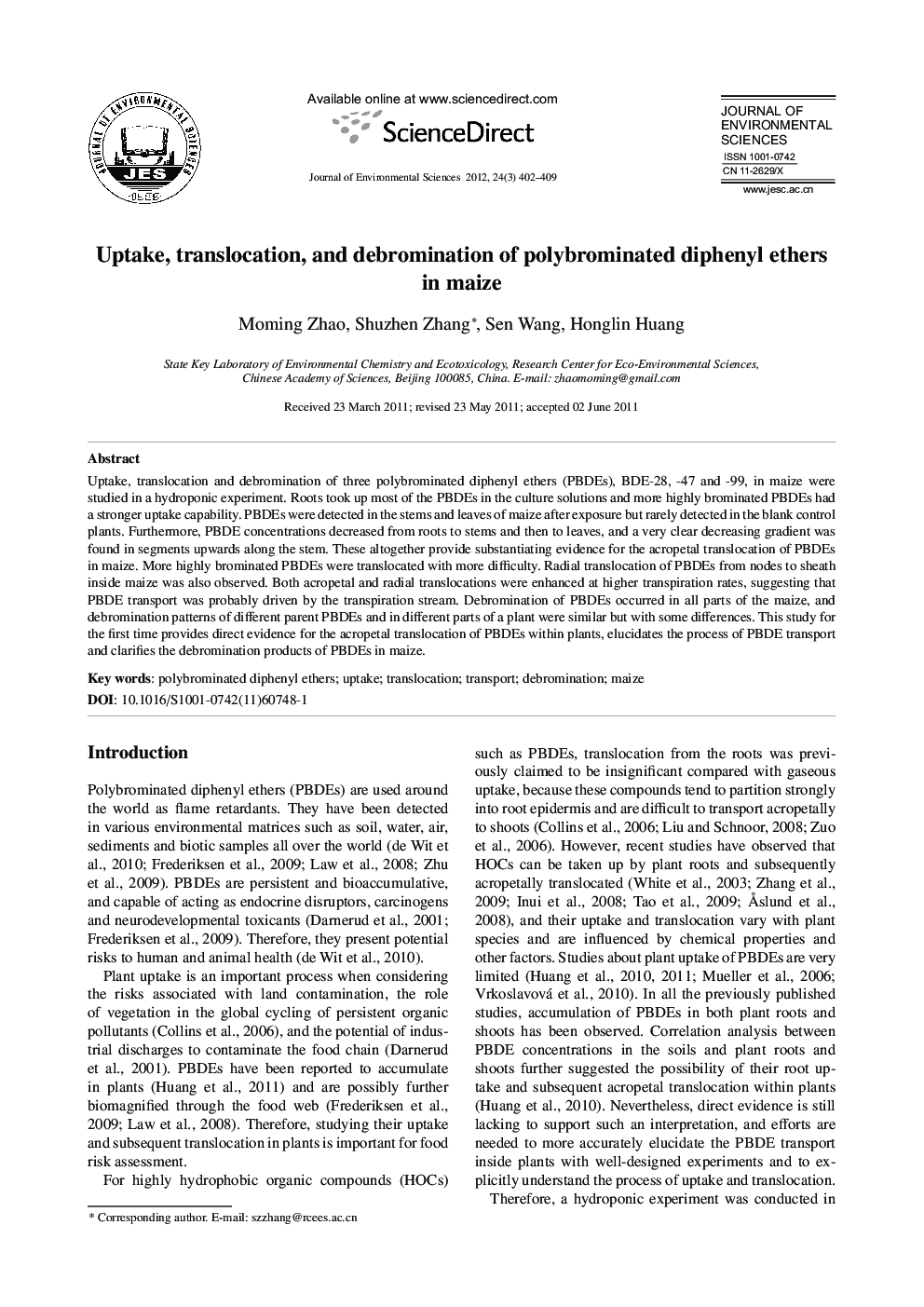 Uptake, translocation, and debromination of polybrominated diphenyl ethers in maize