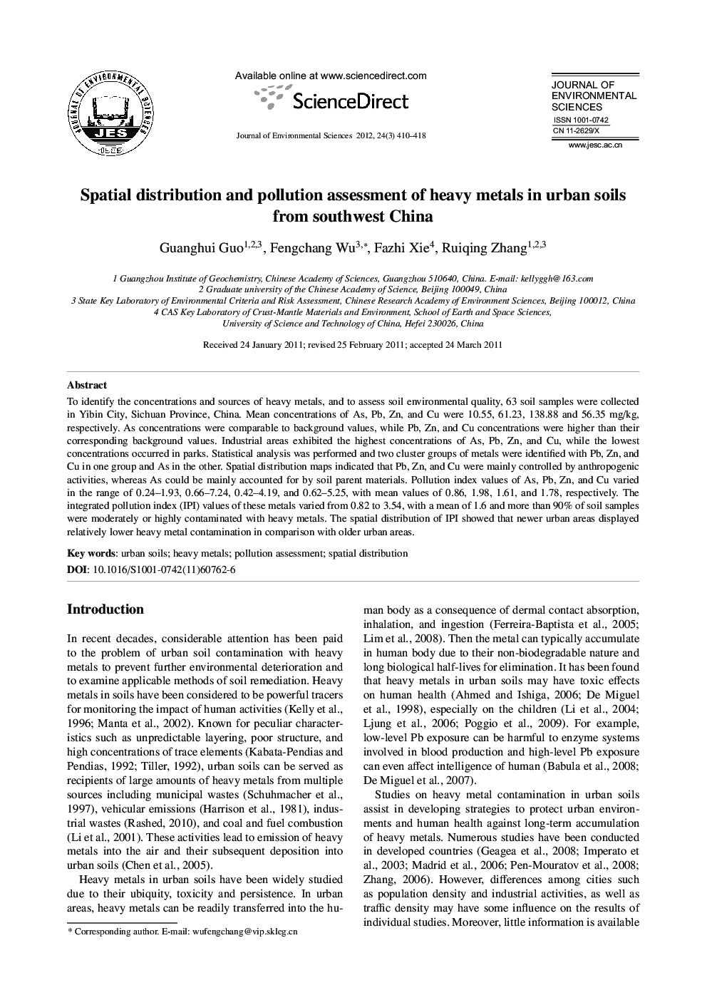 Spatial distribution and pollution assessment of heavy metals in urban soils from southwest China