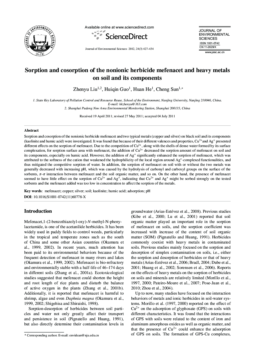 Sorption and cosorption of the nonionic herbicide mefenacet and heavy metals on soil and its components
