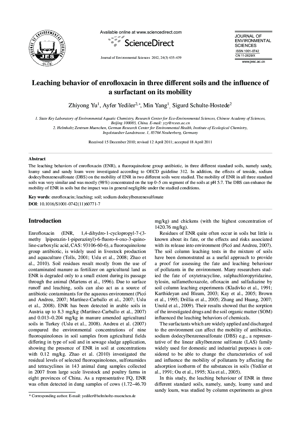 Leaching behavior of enrofloxacin in three different soils and the influence of a surfactant on its mobility