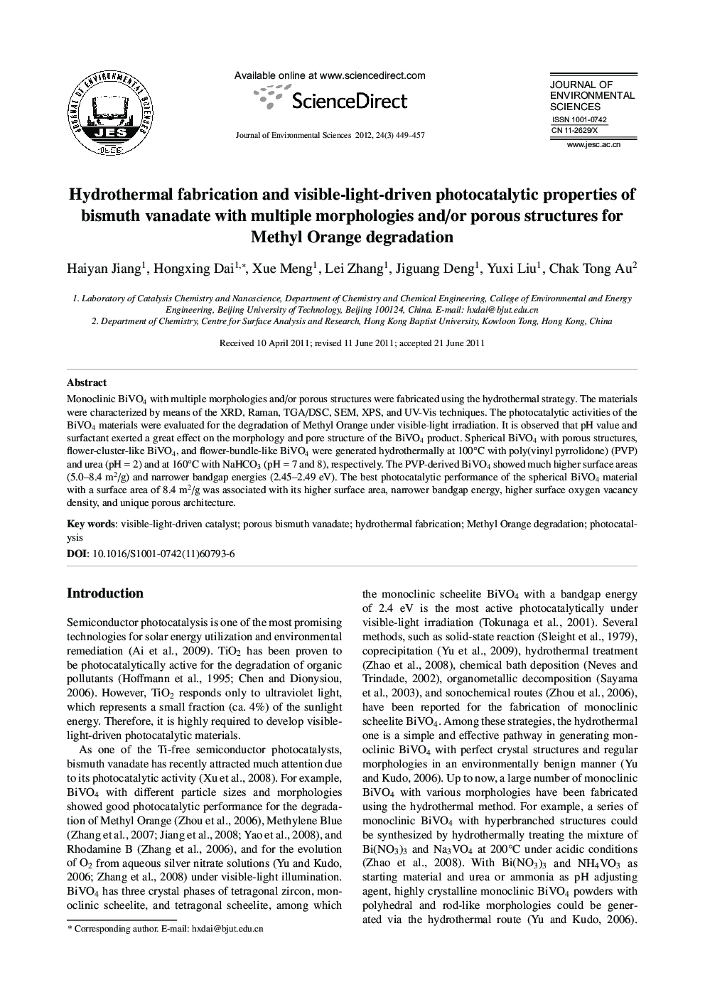 Hydrothermal fabrication and visible-light-driven photocatalytic properties of bismuth vanadate with multiple morphologies and/or porous structures for Methyl Orange degradation