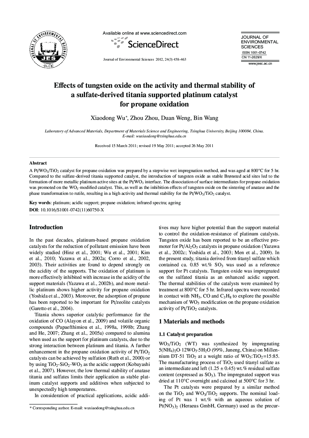 Effects of tungsten oxide on the activity and thermal stability of a sulfate-derived titania supported platinum catalyst for propane oxidation