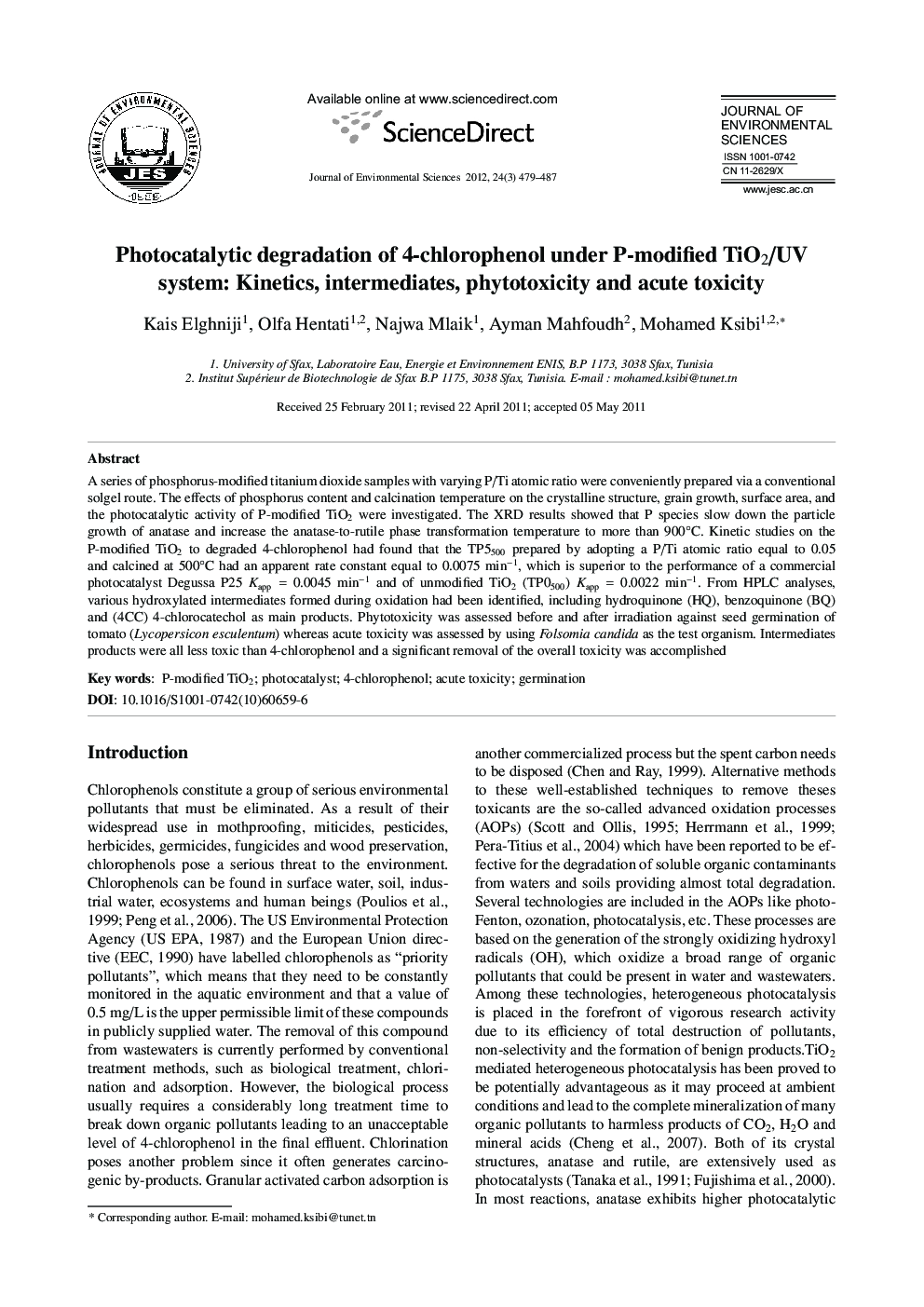 Photocatalytic degradation of 4-chlorophenol under P-modified TiO2/UV system: Kinetics, intermediates, phytotoxicity and acute toxicity