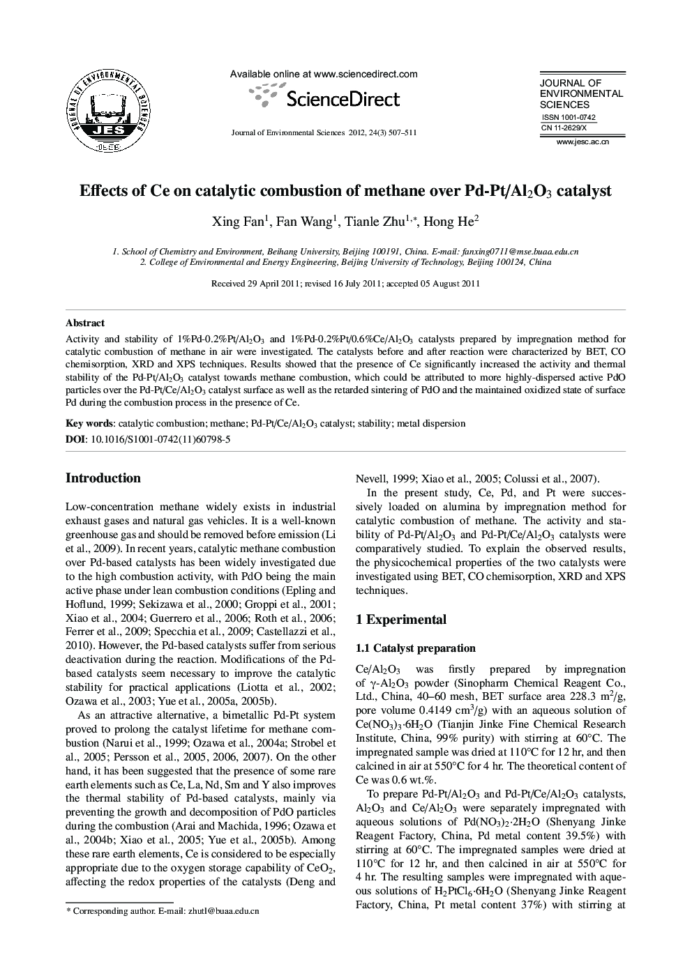 Effects of Ce on catalytic combustion of methane over Pd-Pt/Al2O3 catalyst
