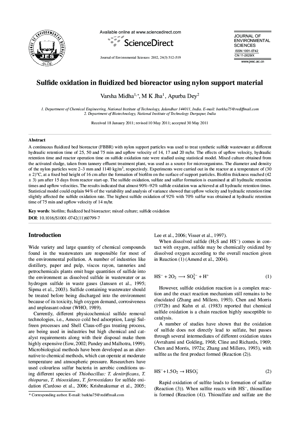 Sulfide oxidation in fluidized bed bioreactor using nylon support material