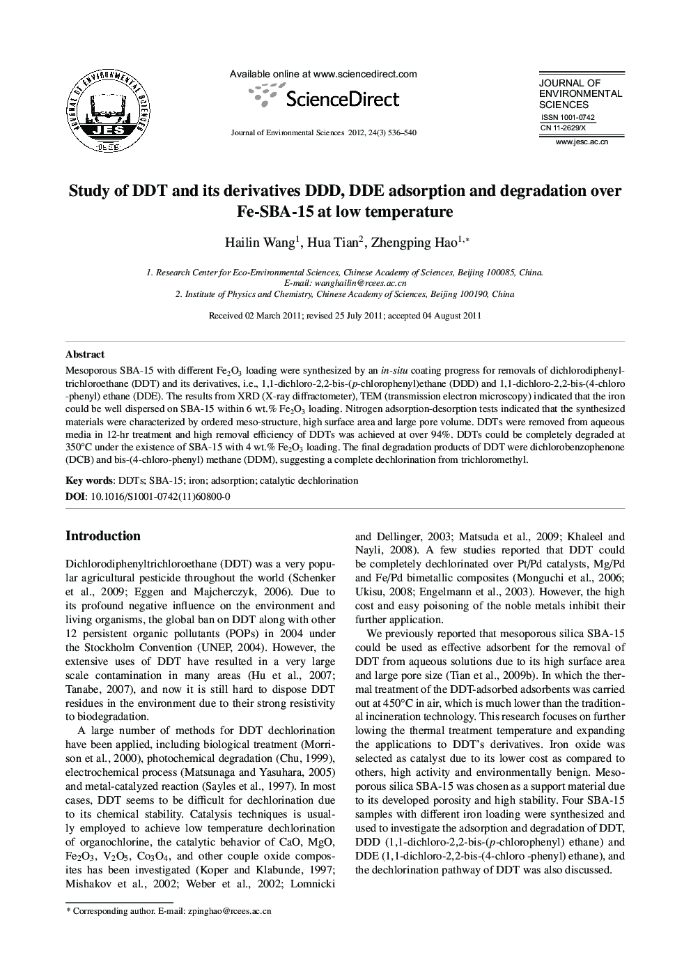 Study of DDT and its derivatives DDD, DDE adsorption and degradation over Fe-SBA-15 at low temperature