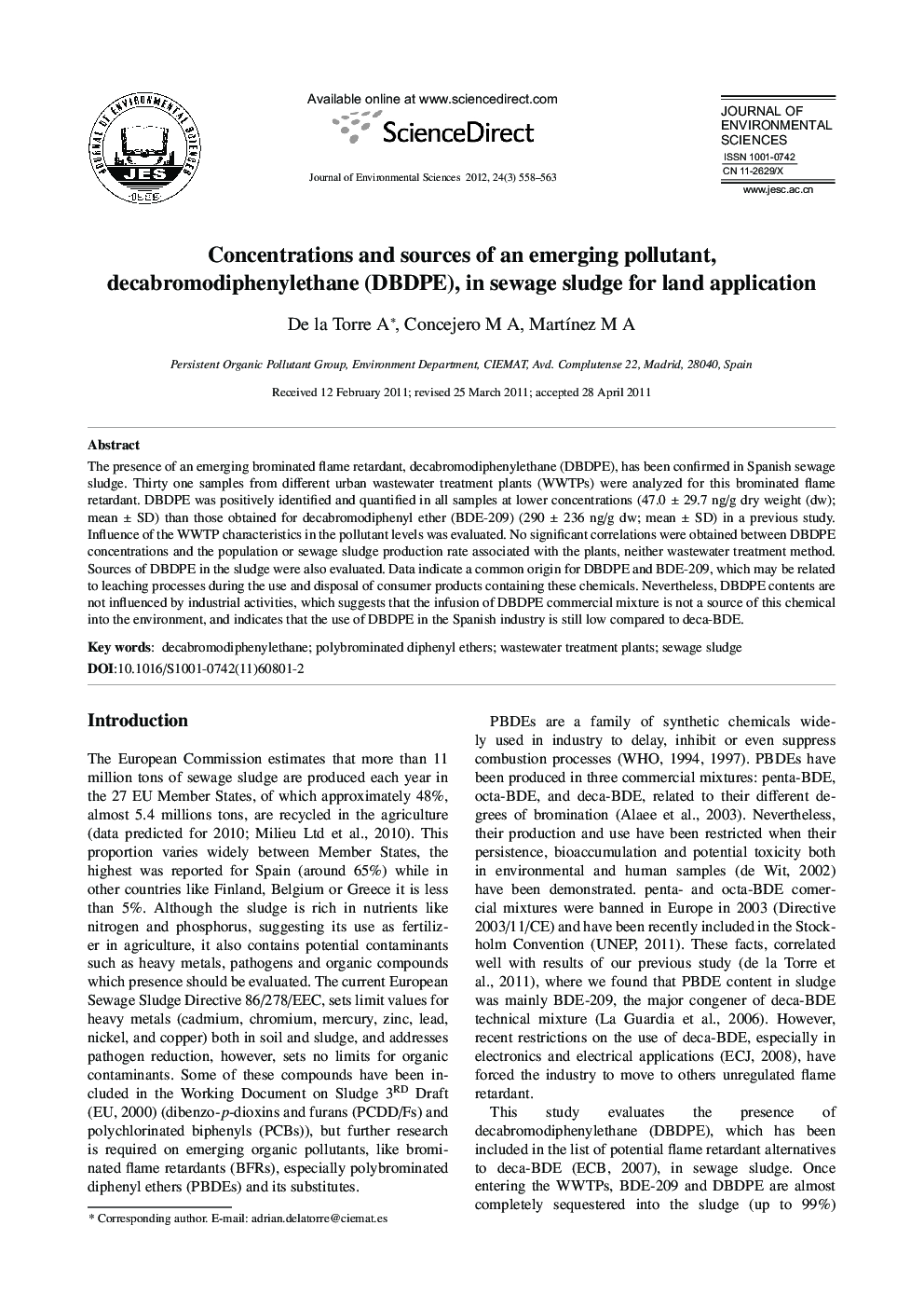 Concentrations and sources of an emerging pollutant, decabromodiphenylethane (DBDPE), in sewage sludge for land application